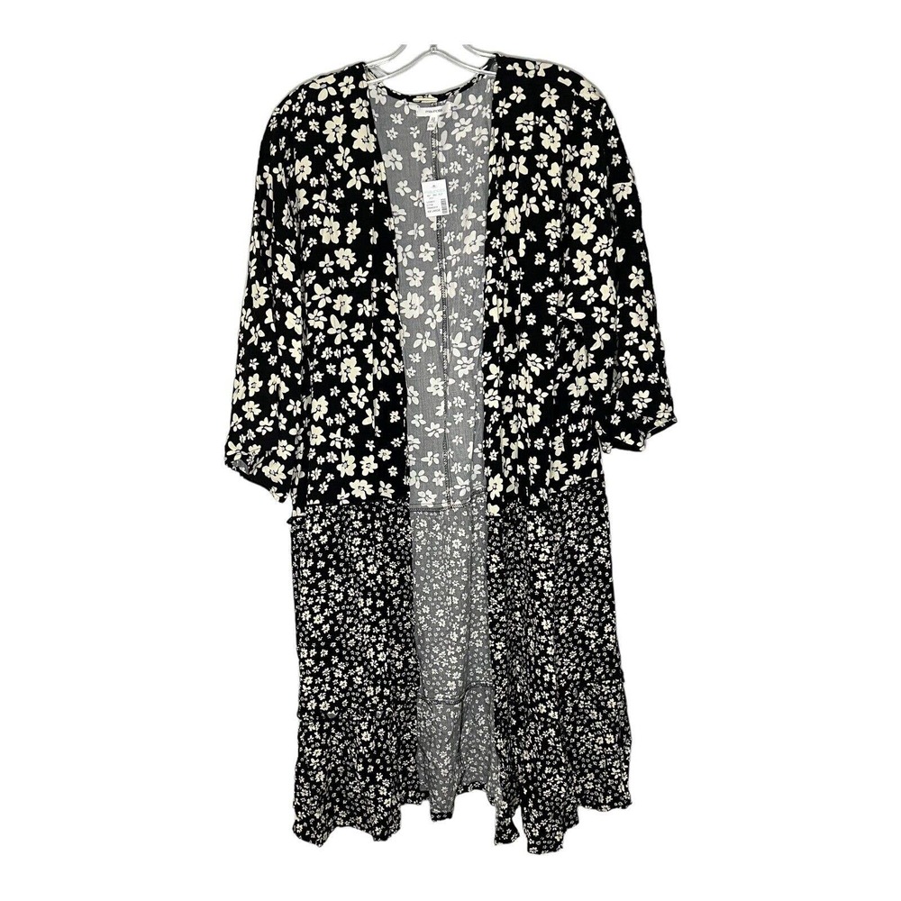 Maurices Women's XXL Black Cream Floral Open Front Duster Kimono Ruffle Size 2X